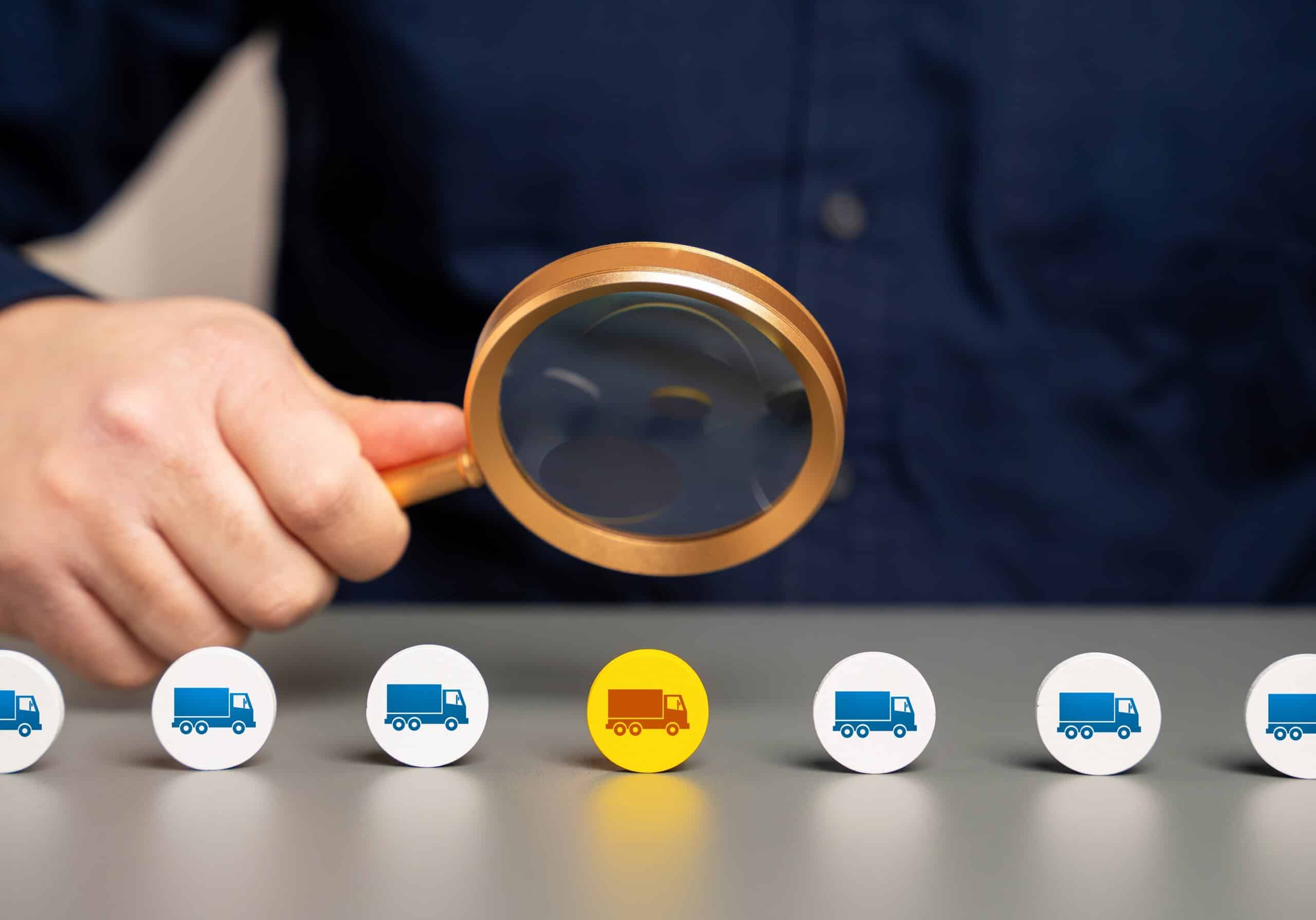 Hand holding a magnifying glass over small truck icons on a table.