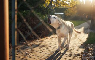 A dog barking through a wire fence at sunset, illustrating the first-tier liability for medical bills in a Scranton dog bite claim under Pennsylvania law.