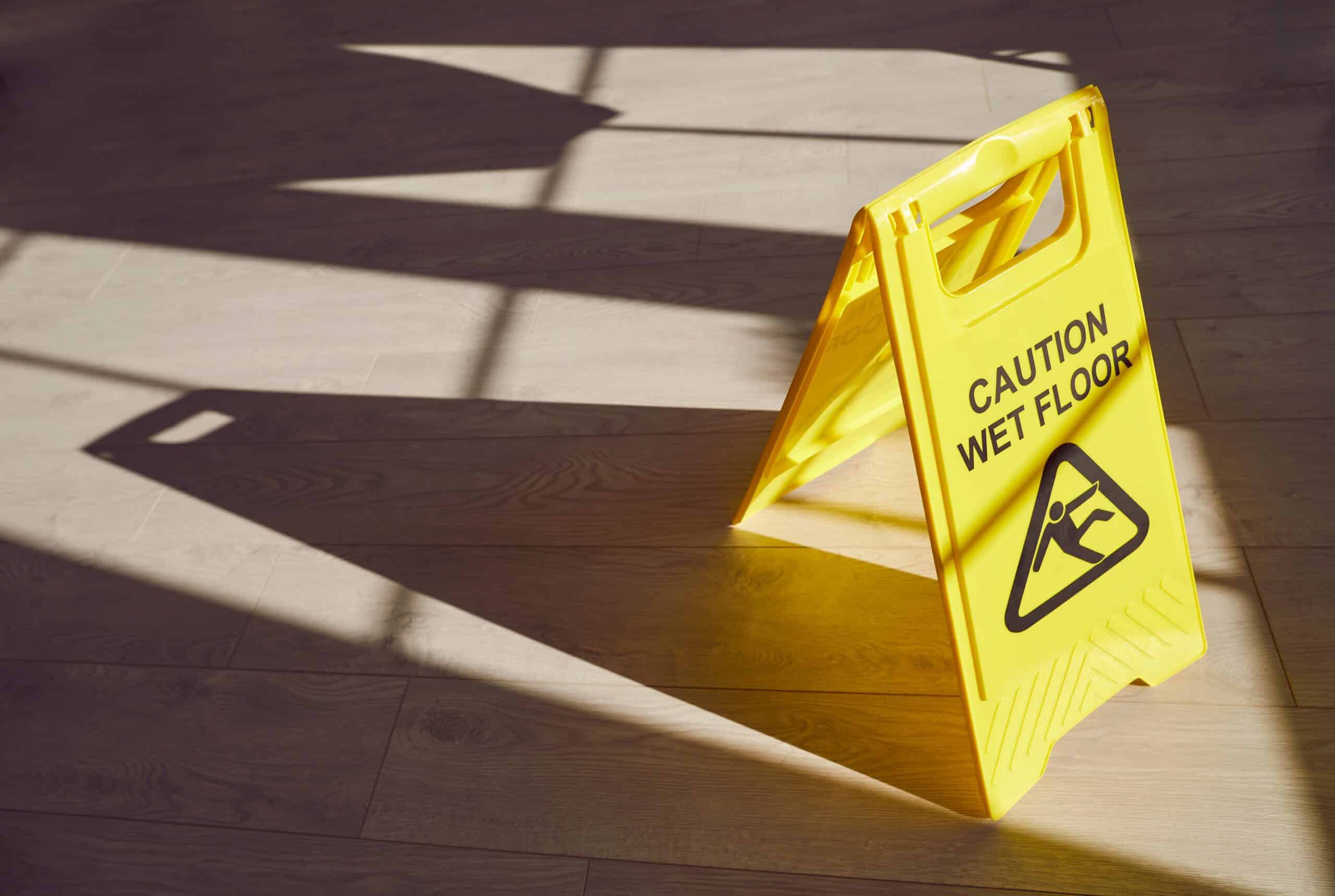 A yellow caution wet floor sign standing on a wooden floor with long shadows, representing an open and obvious hazard in a Scranton slip and fall case.
