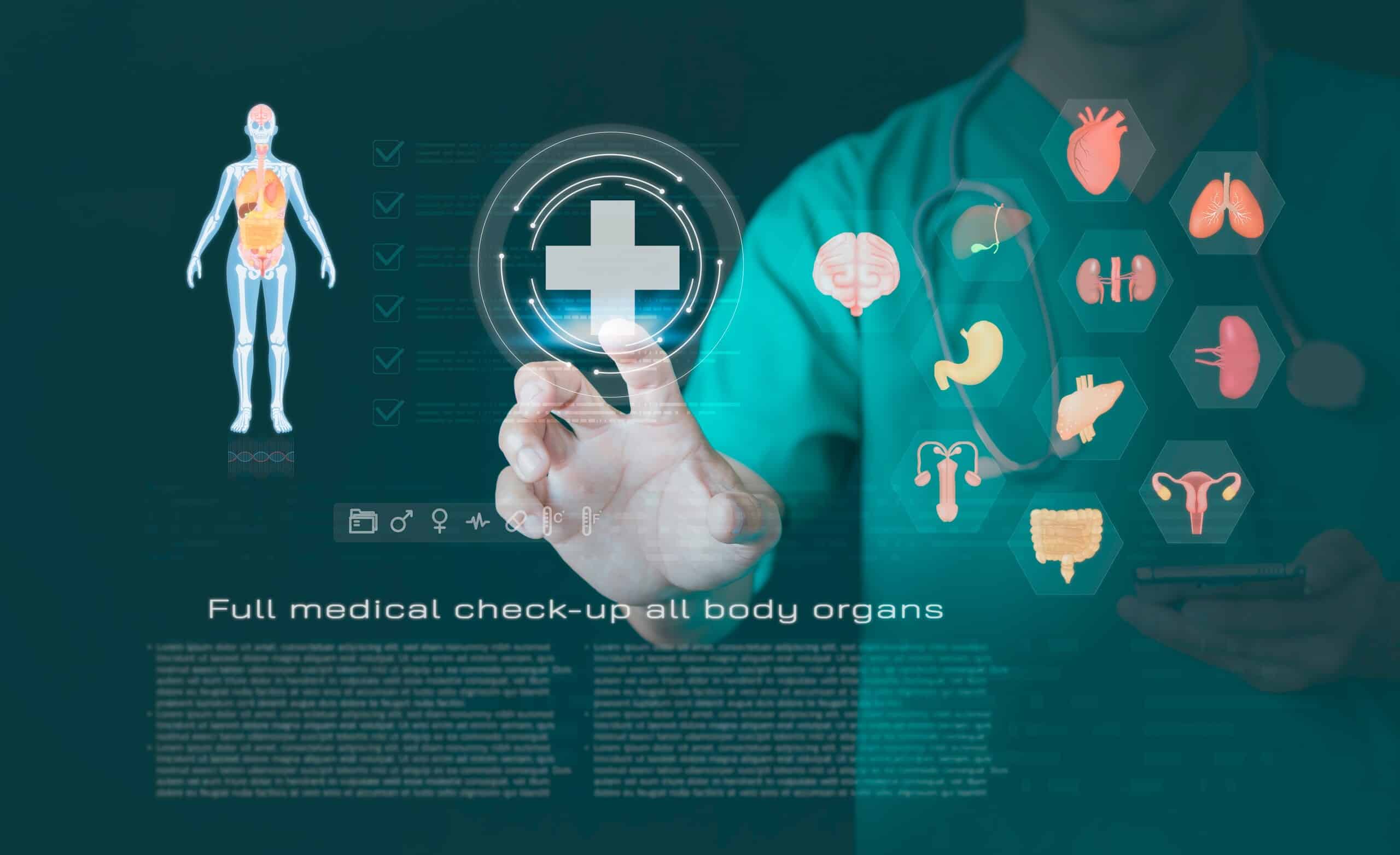 A medical professional pointing at a digital anatomical display showing full body organs, illustrating the complex medical evaluations handled by Scranton Catastrophic Injury Lawyers.