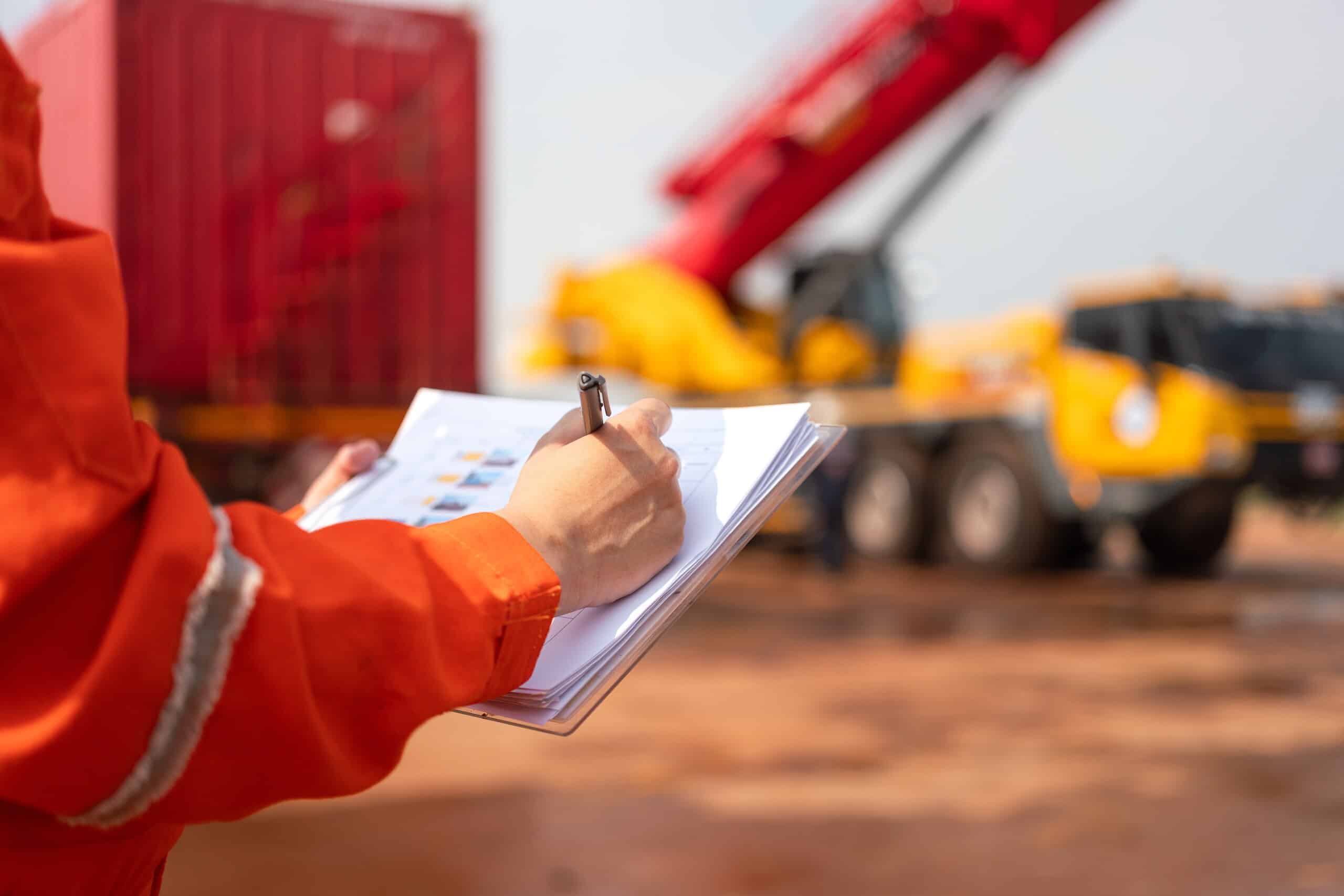 A site worker in an orange uniform writing on a clipboard with a large construction crane blurred in the background, representing incident documentation for Scranton Construction Accident Lawyers.