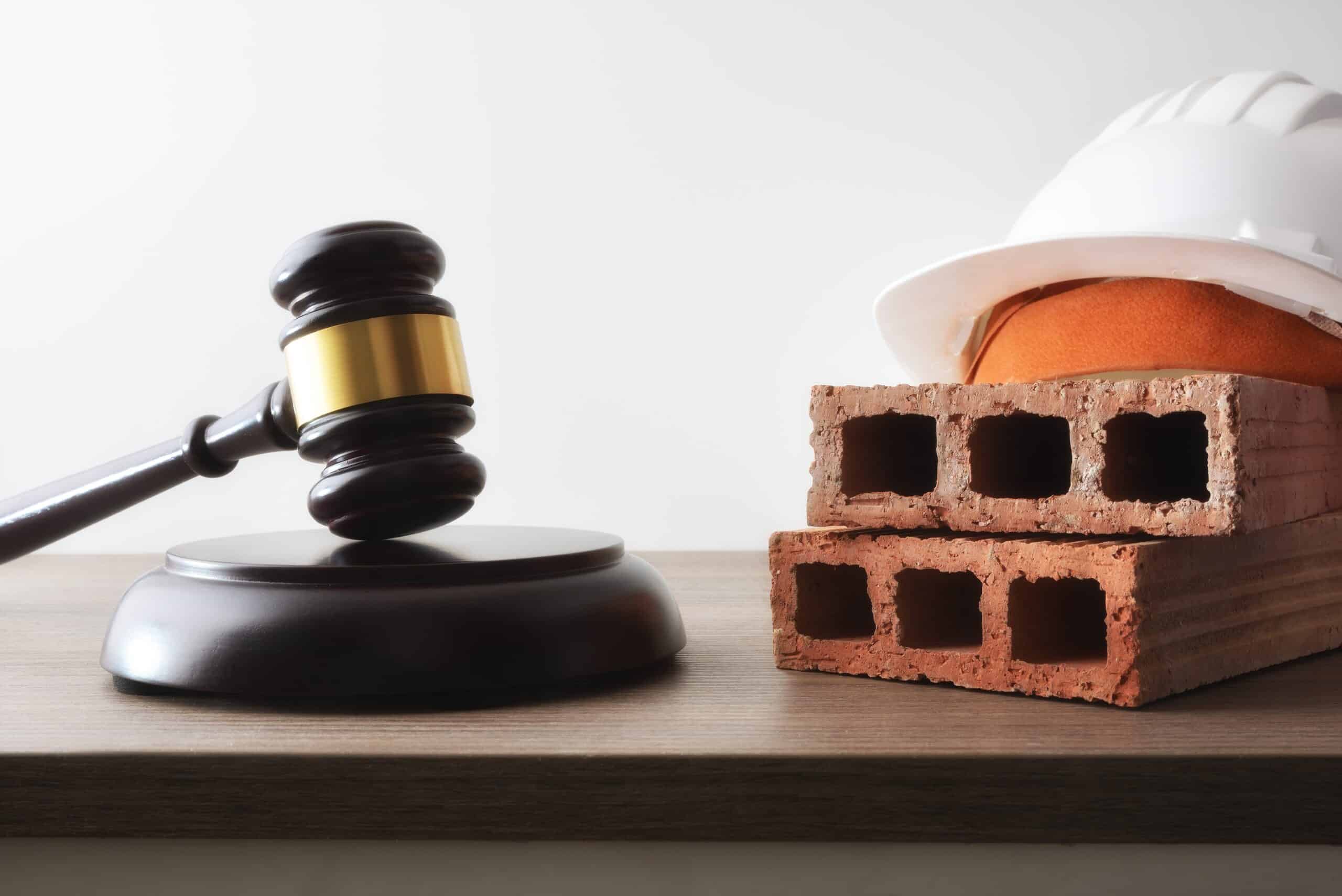 A legal gavel on a table next to a white hard hat and a stack of construction bricks, symbolizing litigation handled by Scranton Construction Accident Lawyers.