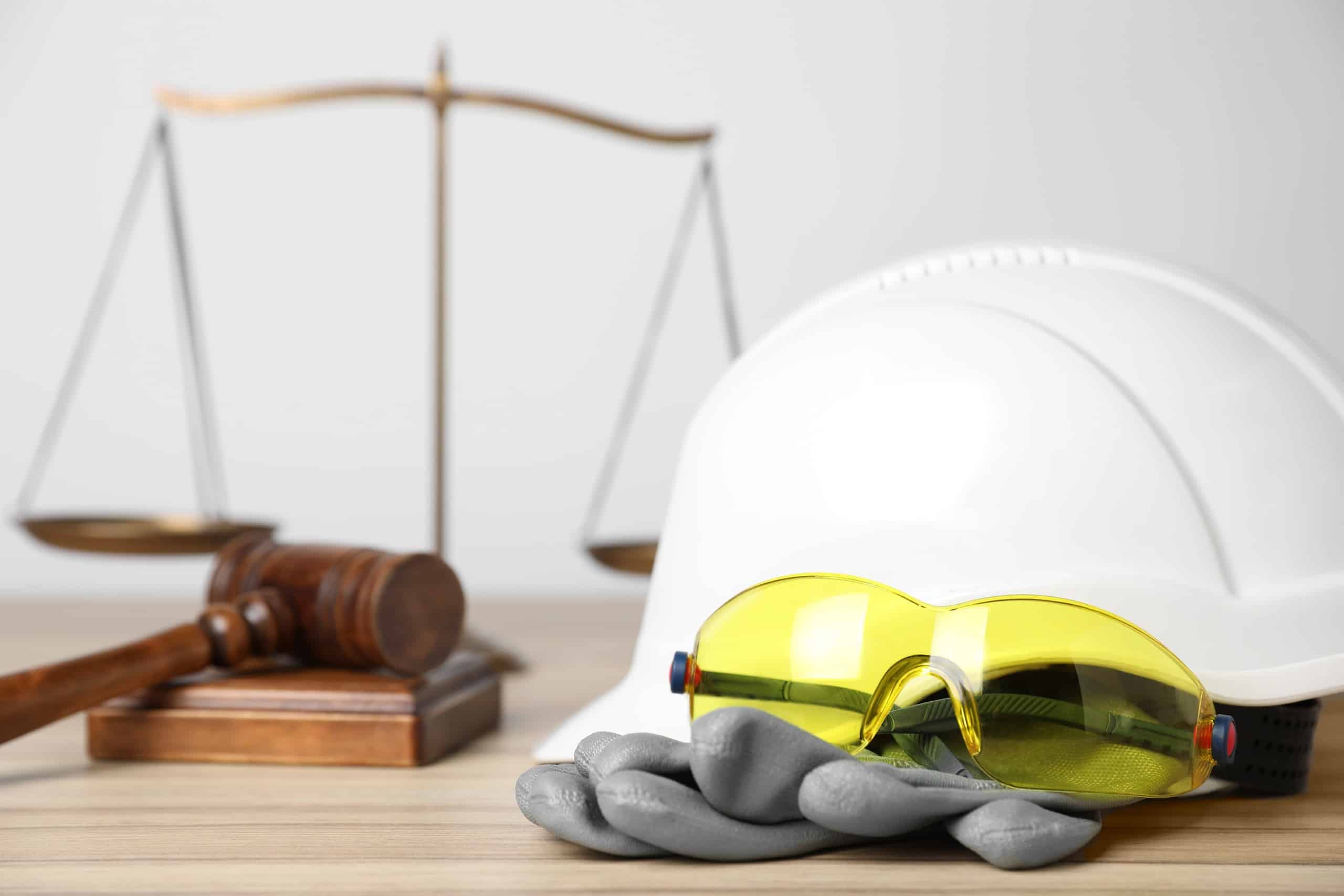 A white construction hard hat, yellow safety glasses, and work gloves sit next to a blurred legal gavel and balance scales, representing claims handled by Scranton Workers’ Compensation Lawyers.