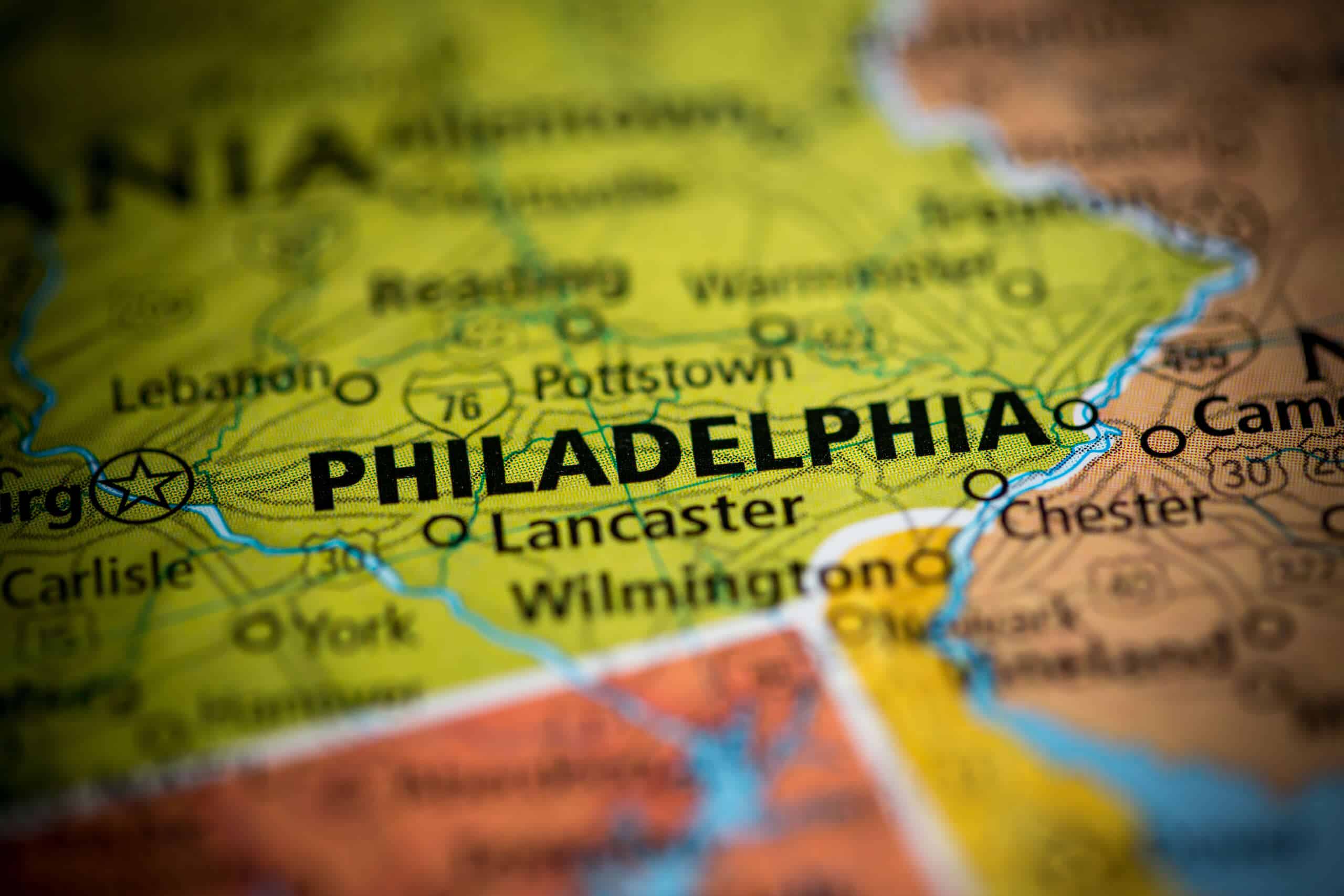Close-up of a map highlighting Philadelphia and surrounding Pennsylvania areas.