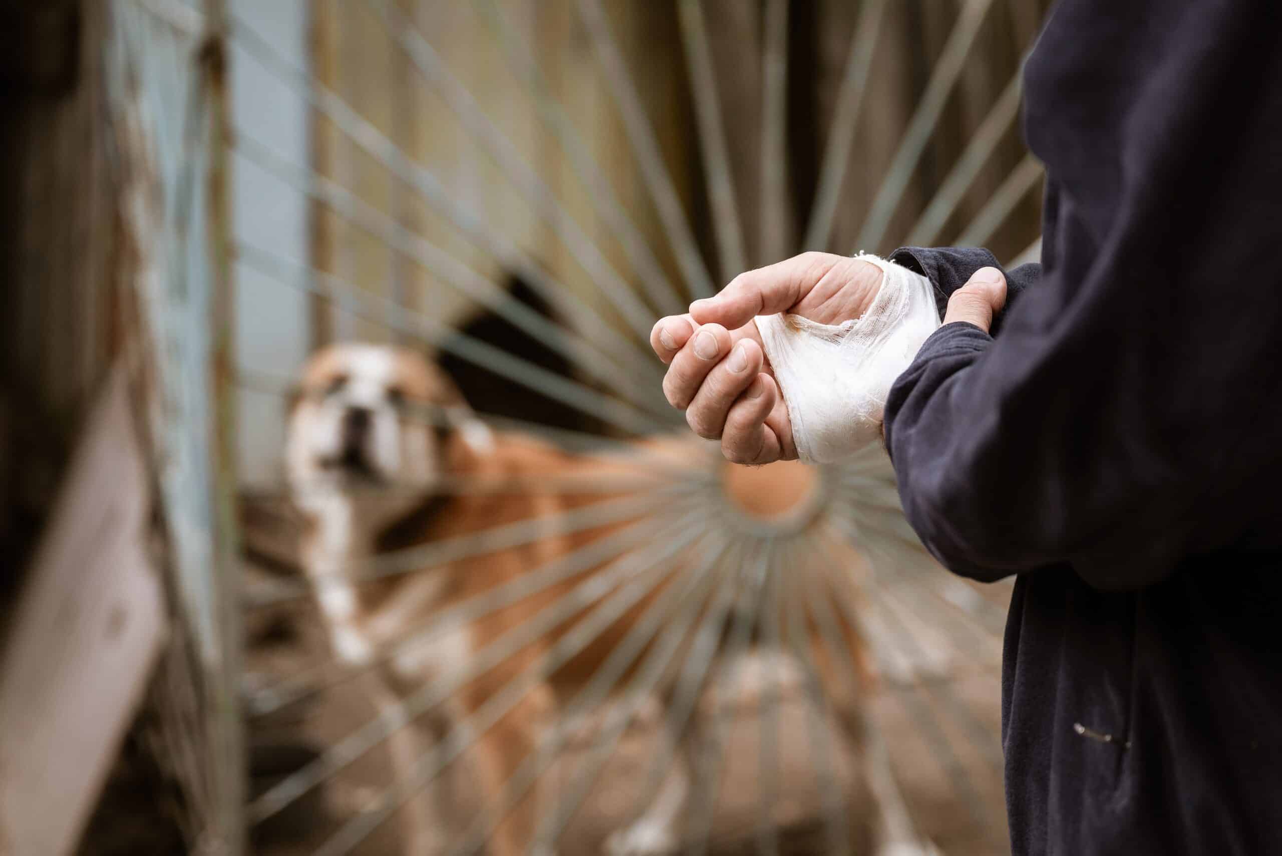 Bandaged hand of a victim standing near a fenced dog.