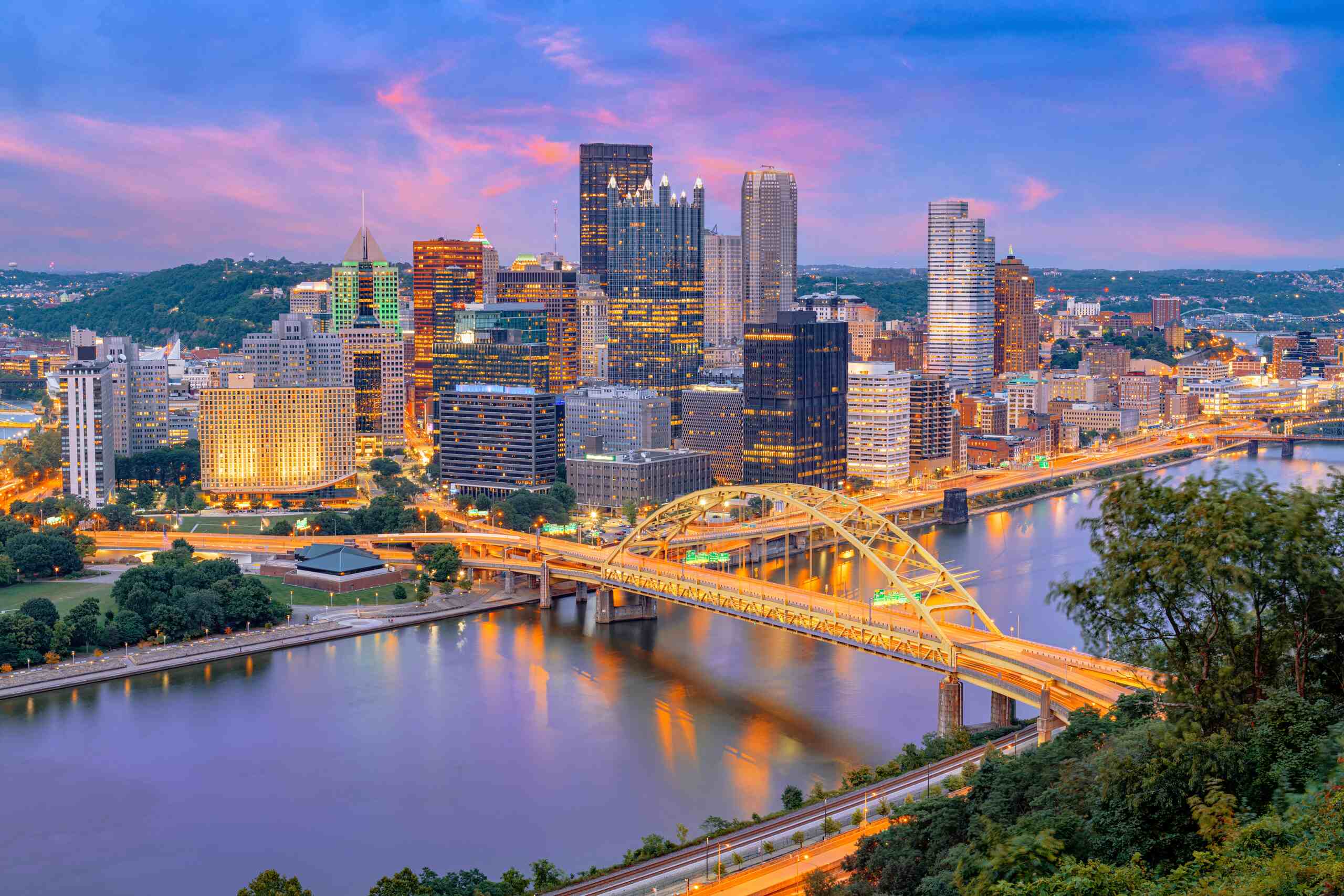 ittsburgh skyline and bridge at sunset - Pennsylvania Negligent Security Lawyers.