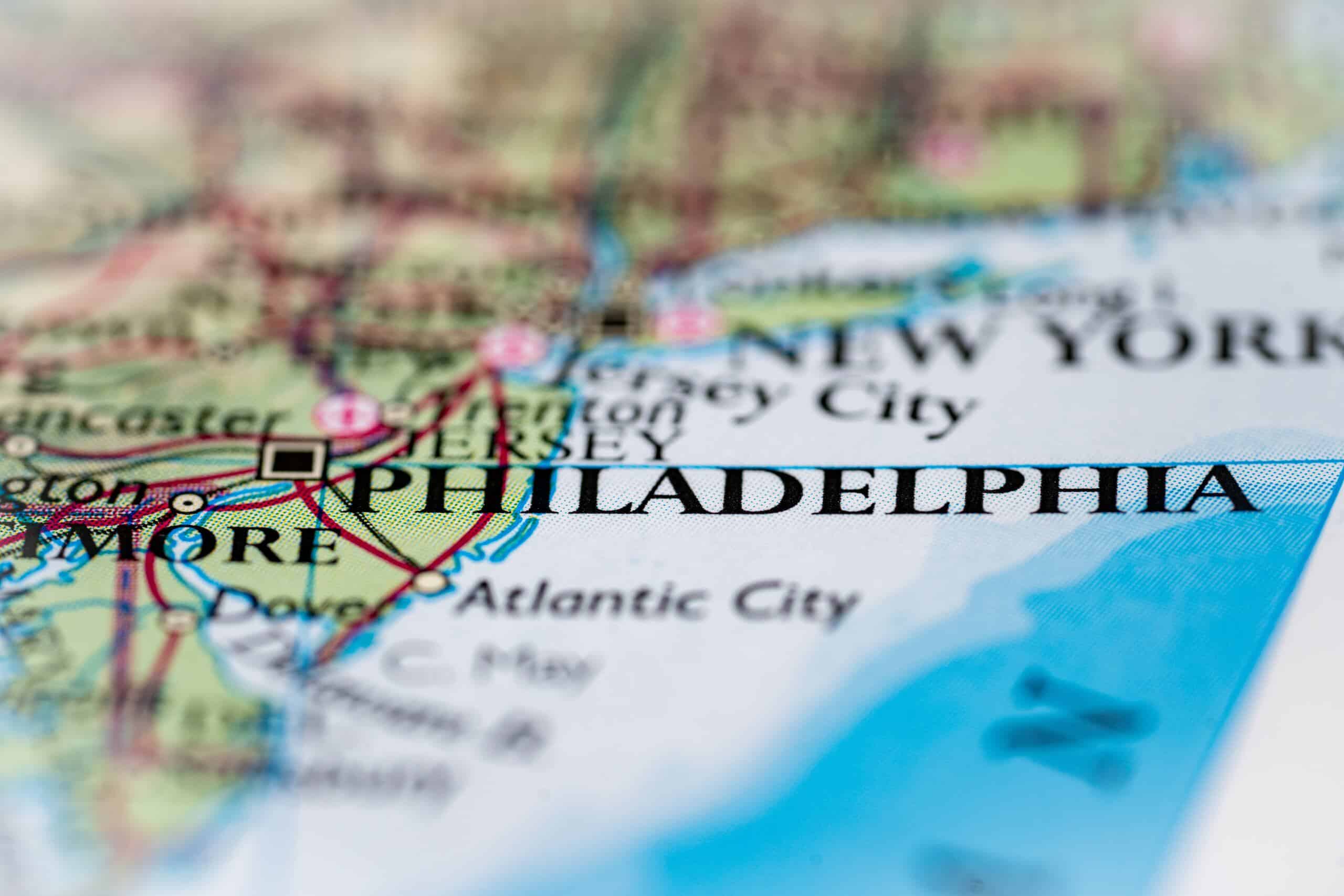 A map highlighting the city name indicates the service region covered by Philadelphia Hit and Run Accident Lawyers.