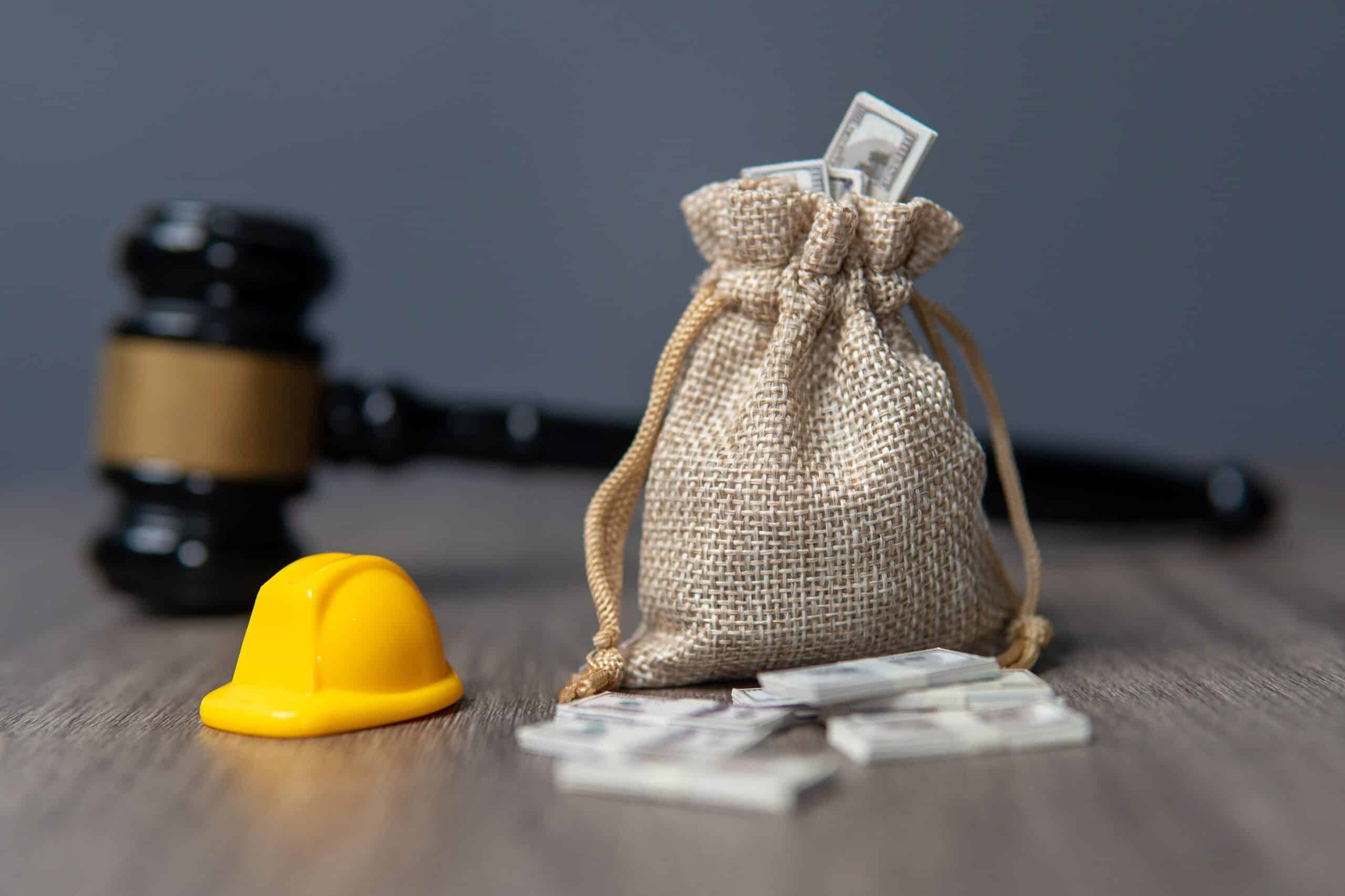 Miniature yellow hard hat, money bag, and judge gavel on a desk.