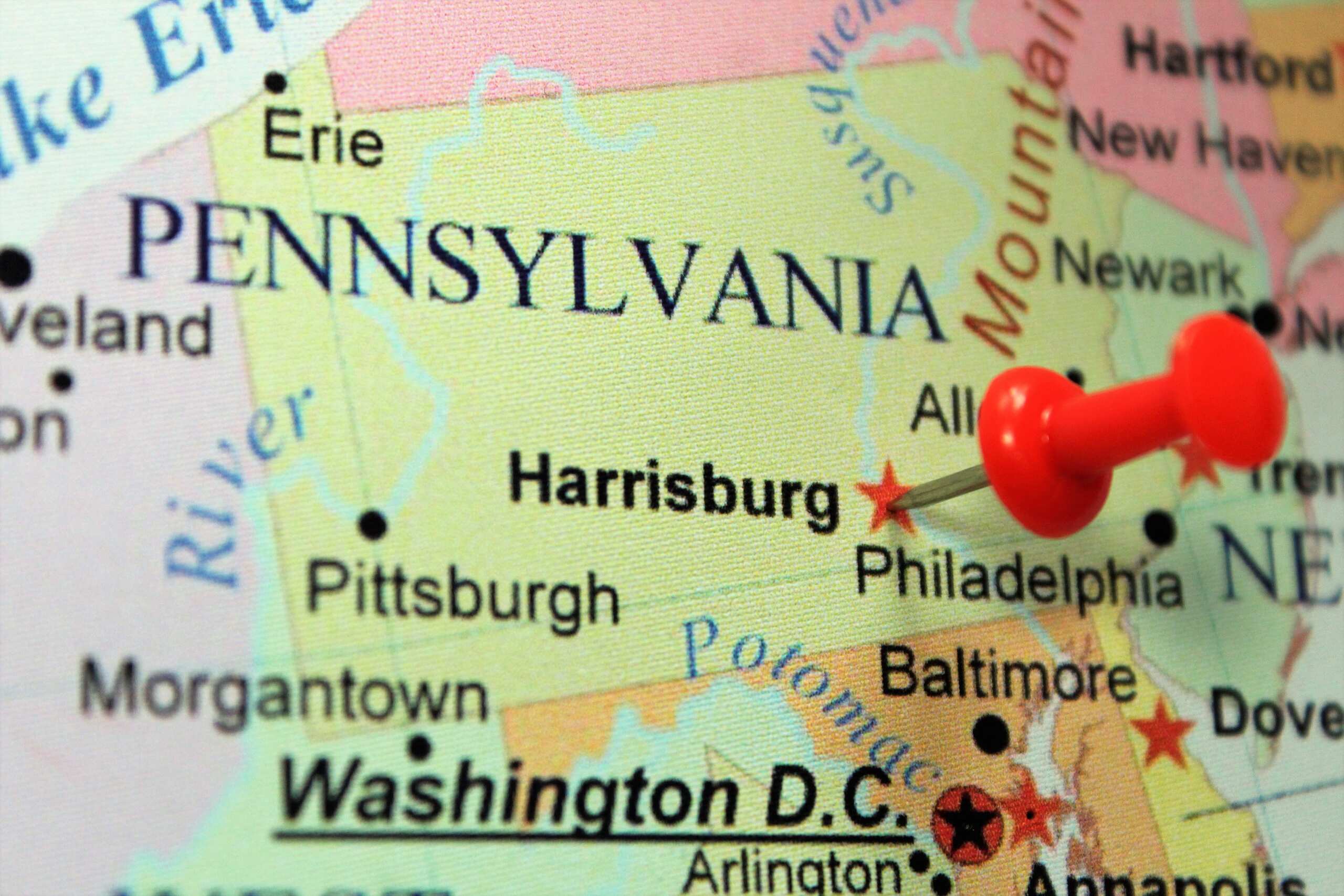 Map with a pushpin on Pennsylvania where accident victims hire Pennsylvania personal injury lawyers.